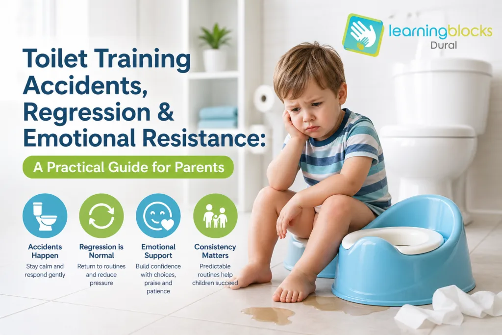 Toddler experiencing toilet training regression sitting on potty in bathroom with Learning Blocks Dural guide for parents