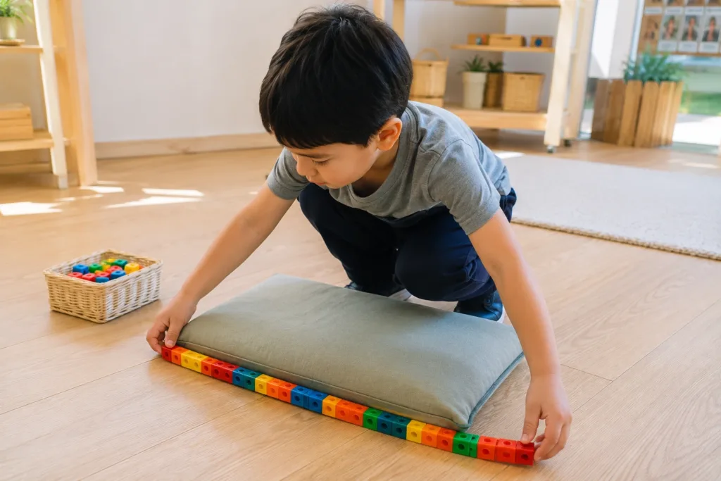 Preschool child measuring household objects using building blocks instead of a ruler.