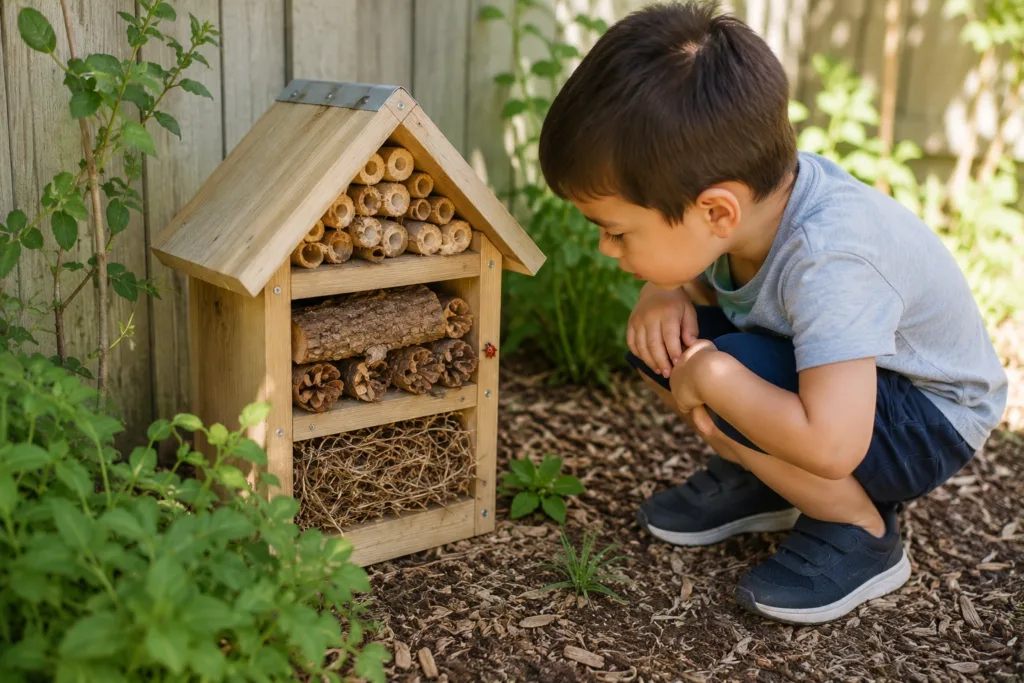 Preschool child observing insects in a handmade bug hotel in the garden.