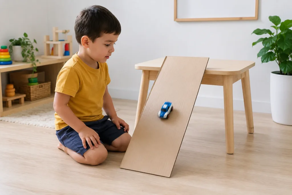 Preschool child experimenting with a cardboard ramp and toy car.