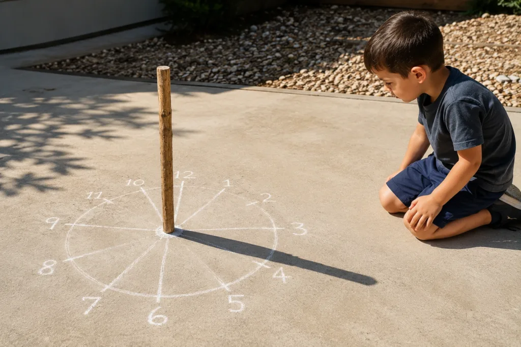 Child observing changing shadows with a homemade sundial.