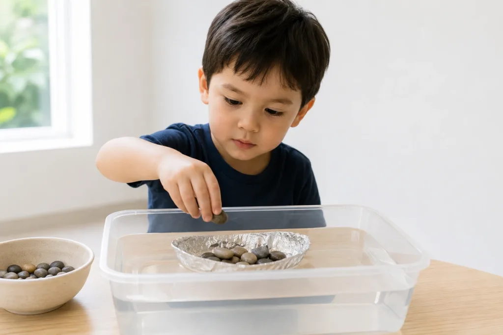 Child testing how many pebbles an aluminium foil boat can hold before sinking.