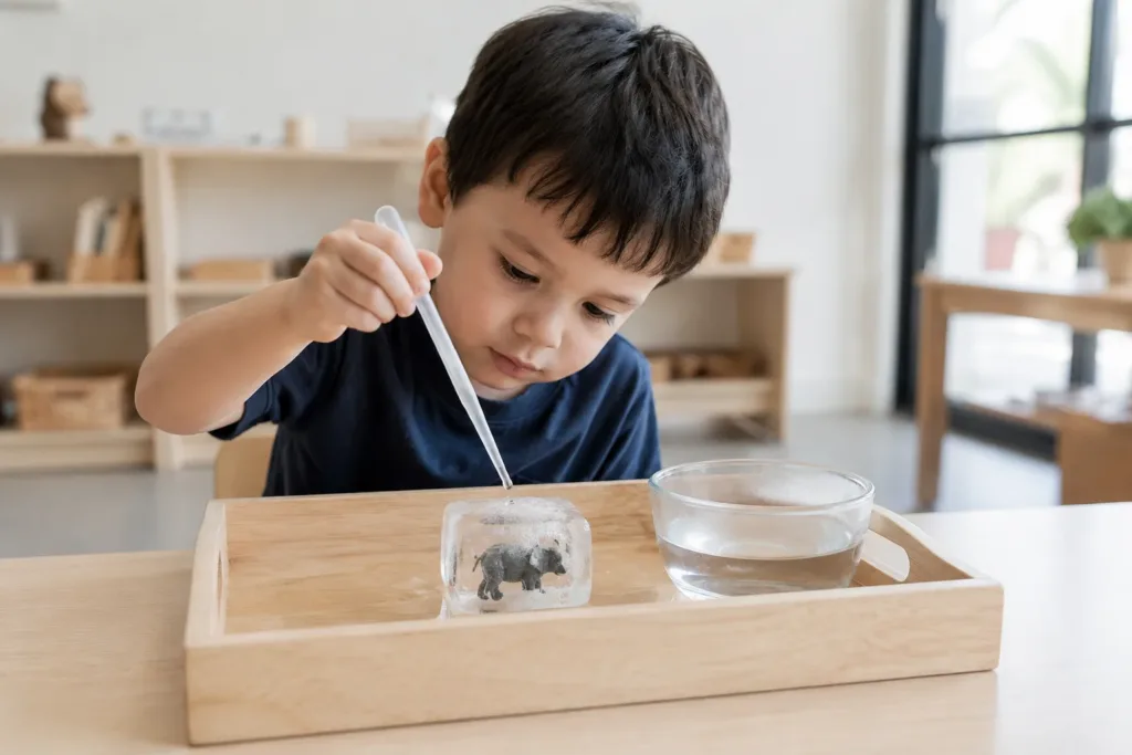 Child melting ice with a pipette to rescue a toy during a preschool science activity.