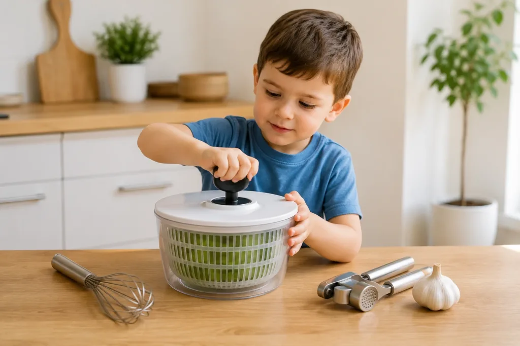 Preschool child exploring simple kitchen tools as part of an early STEM activity.