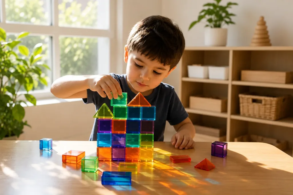 Child exploring coloured light using transparent building blocks near a sunny window.