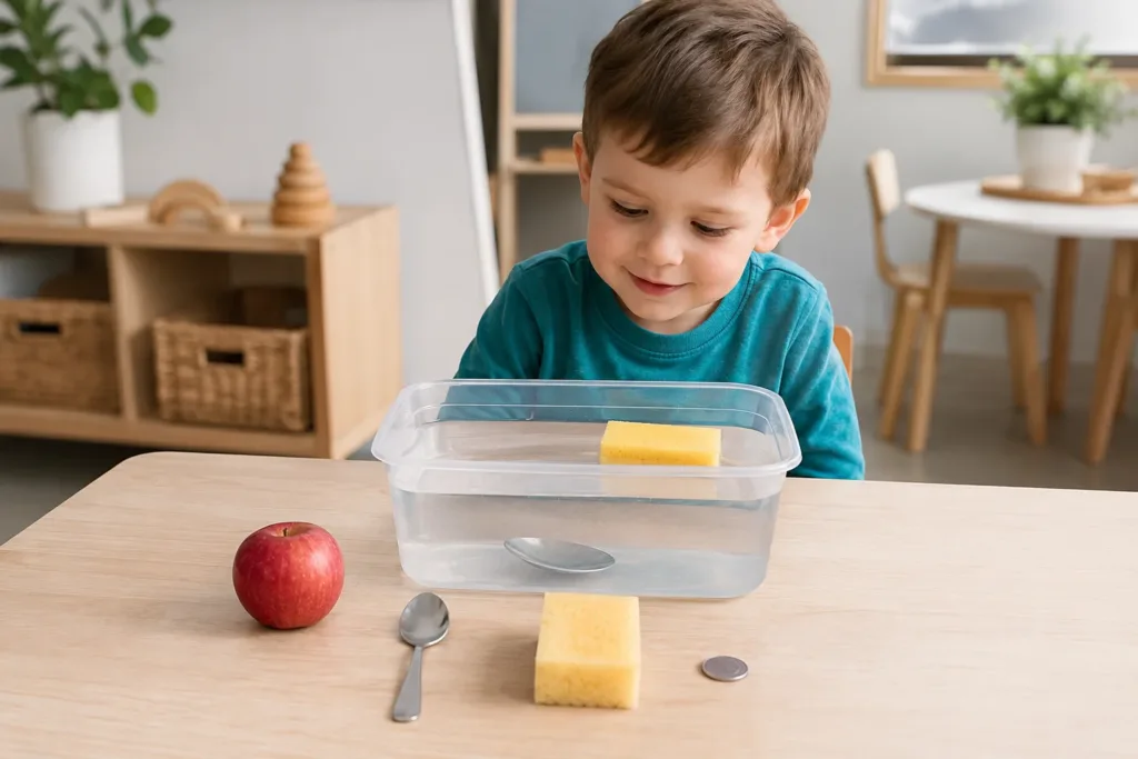 Preschool child testing floating and sinking objects in a water tub during a simple science activity.