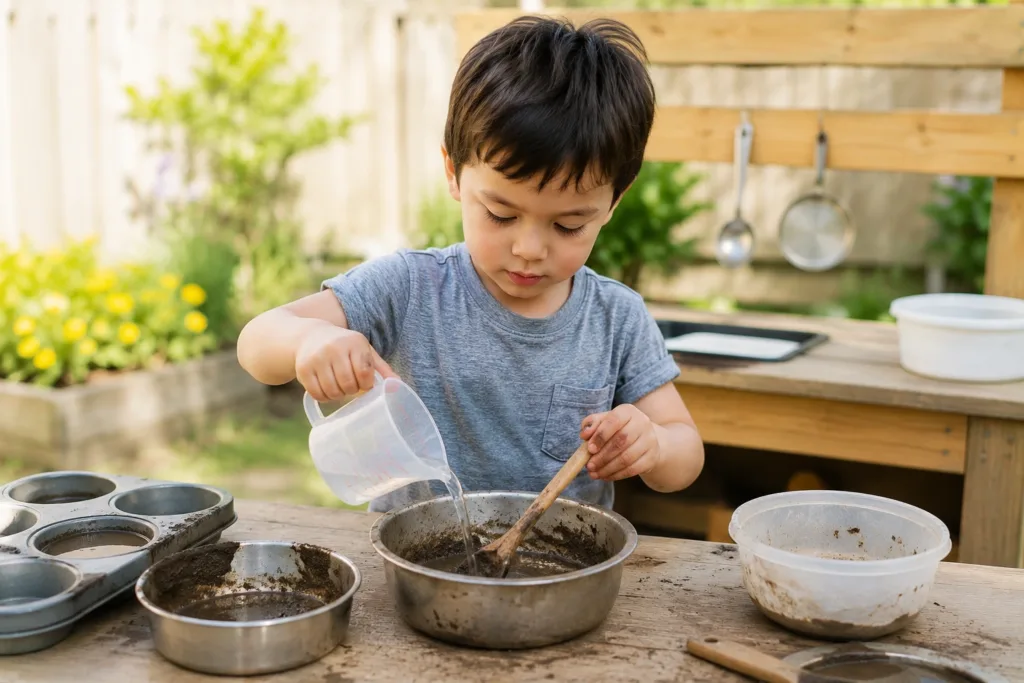 Child mixing mud and water using measuring cups during an outdoor STEM activity.