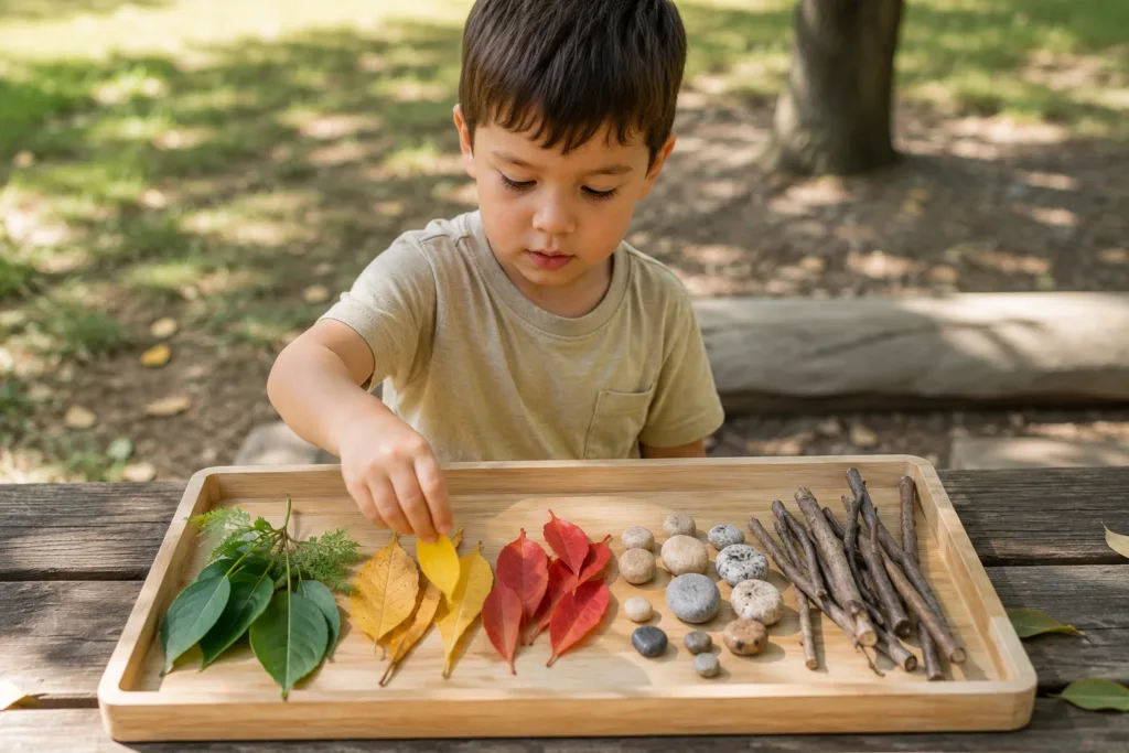 Child sorting natural objects by colour and size during an outdoor learning activity.