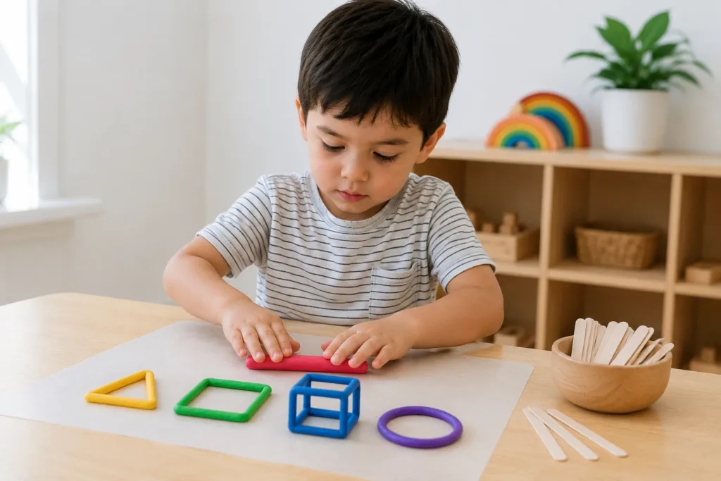 Child creating geometric shapes using colourful play dough.