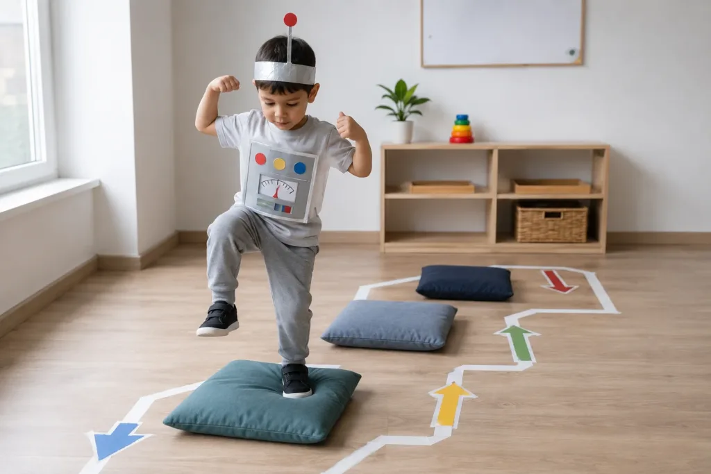 Preschool child following directional commands through a simple obstacle course.