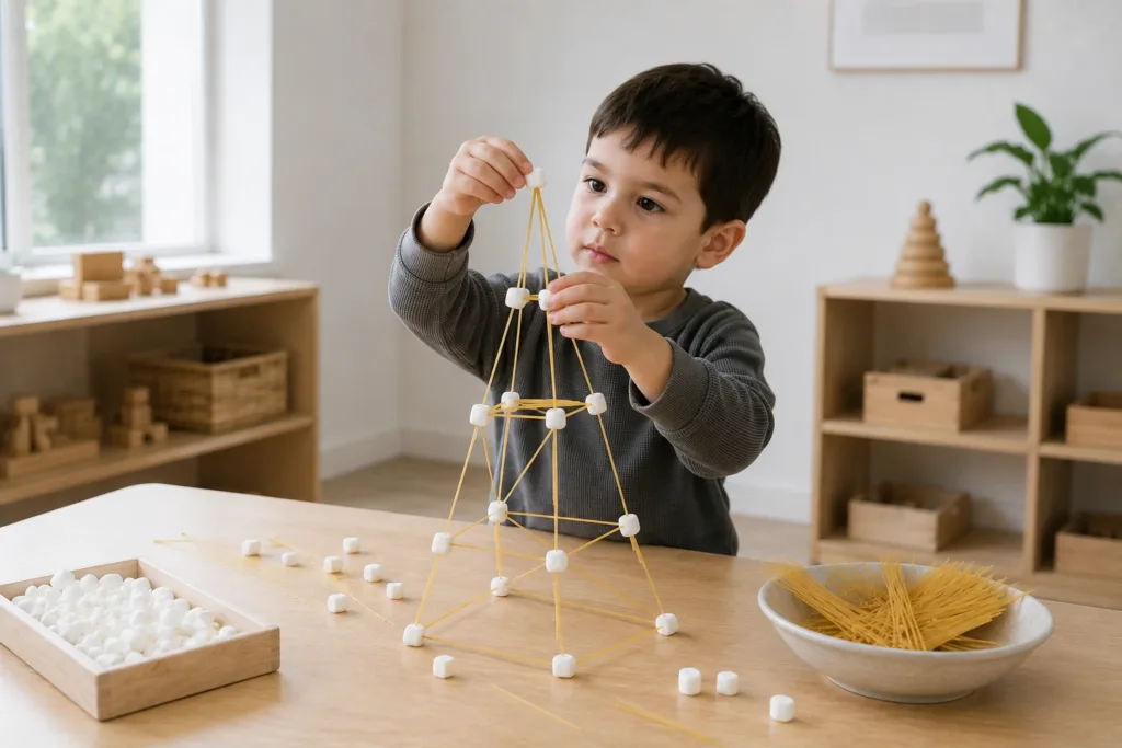 Child building a spaghetti and marshmallow tower during an engineering activity.