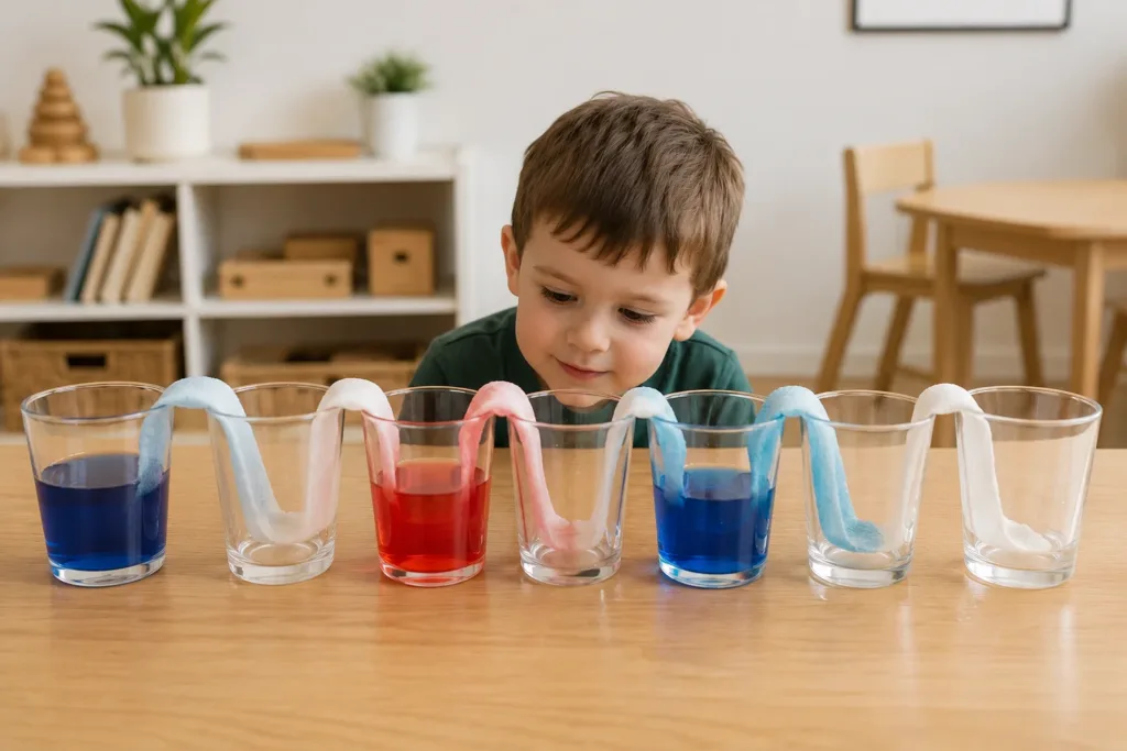 Walking water experiment using coloured water, paper towels, and clear cups.